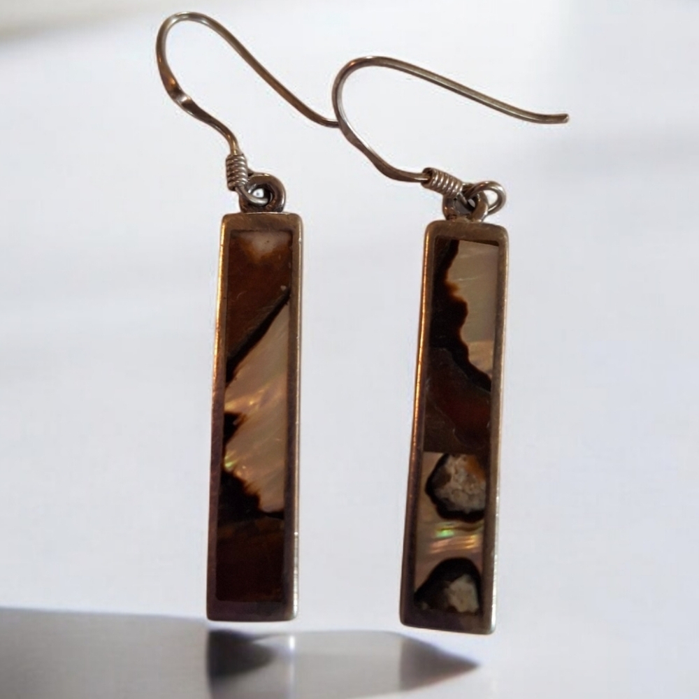 Vintage Sterling Silver 925 Dangle Hook Earrings Abalone Inlay 4.3 grams